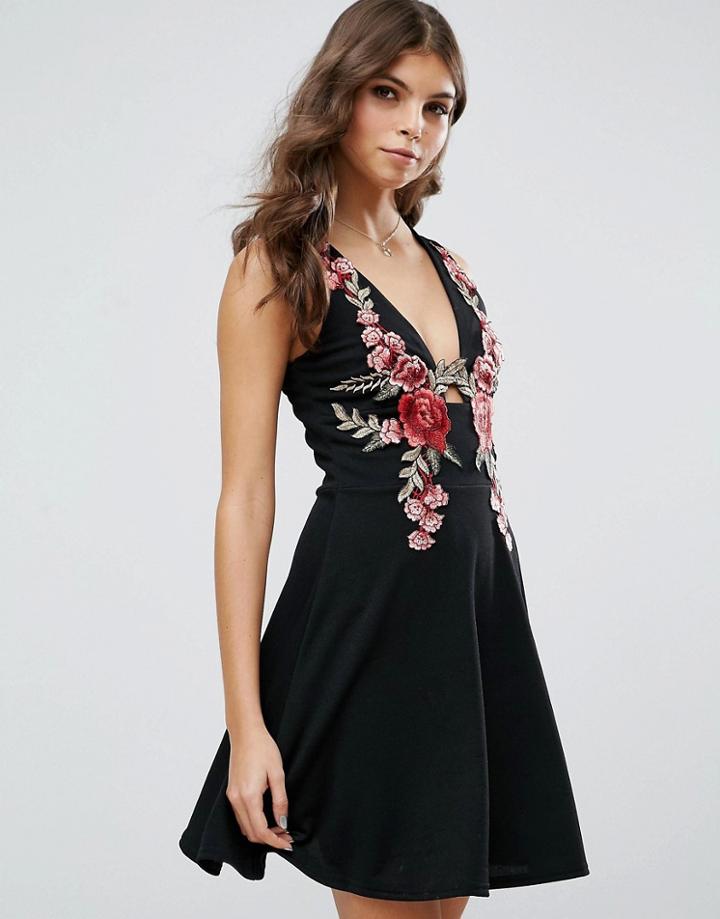 Club L Plunge Neck Sleeveless Skater Dress With Floral Embroidery - Black