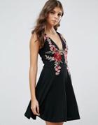 Club L Plunge Neck Sleeveless Skater Dress With Floral Embroidery - Black