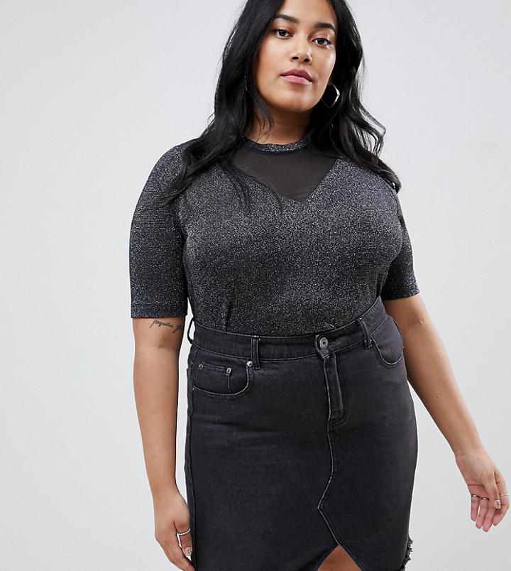 Junarose Metallic V Neck T-shirt - Black