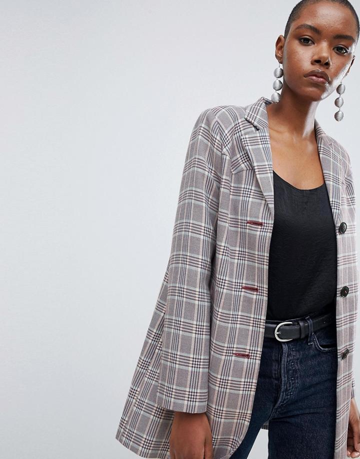 Asos Design Check Formal Coat With Western Stitching-multi