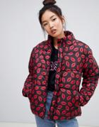Heartbreak Lips Print Puffer Jacket - Black
