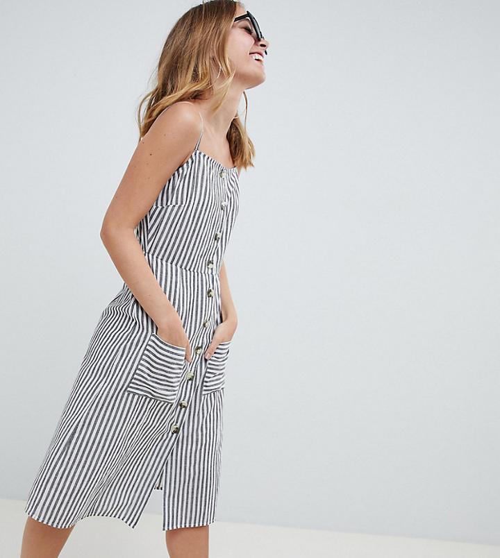 Asos Design Petite Stripe Button Through Linen Midi Sundress - Multi