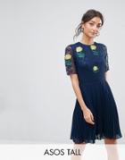 Asos Tall Lace & Embroidery Pleated Mini Dress - Blue