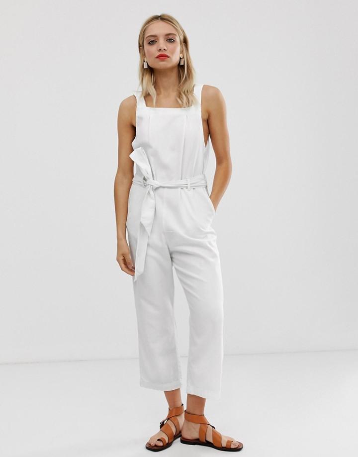 Monki Denim Tie Front Square Neck Jumpsuit In Off White - White