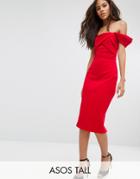 Asos Tall Fold Detail Bardot Scuba Pencil Dress - Red