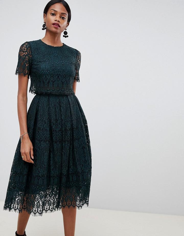 Asos Design Prom Dress In Lace With Short Sleeve - Green