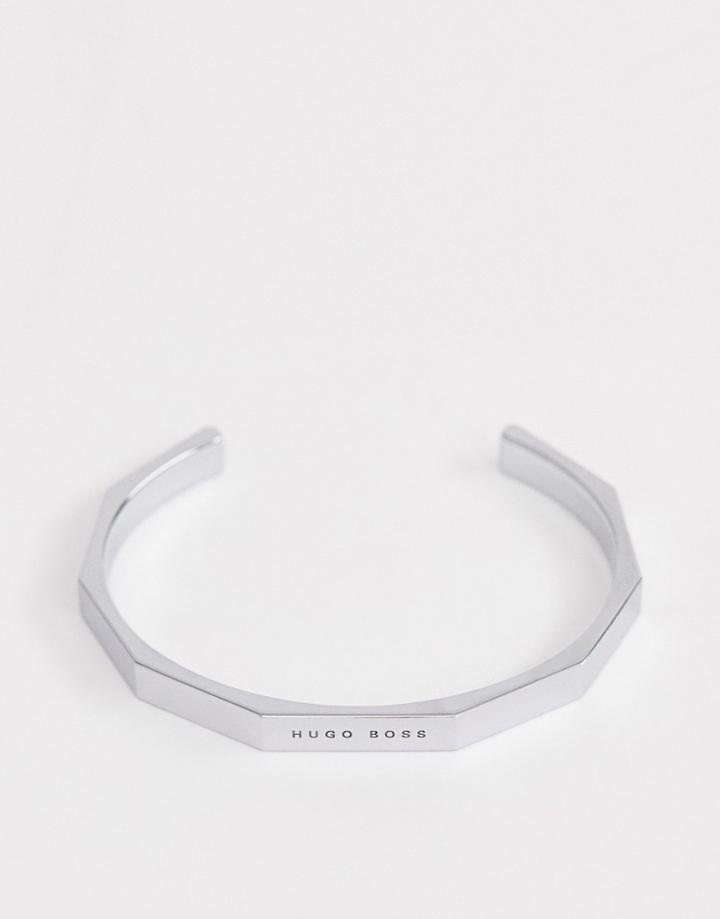 Boss Brant Logo Metal Cuff Bracelet In Silver - Black
