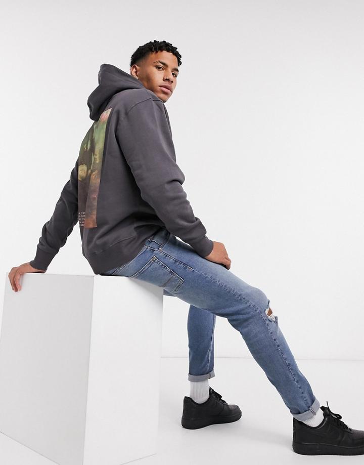 Topman Hoodie With Floral Back Print In Gray-grey