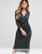 Club L Plisse Wrap Over 3/4 Sleeve Midi Dress - Black