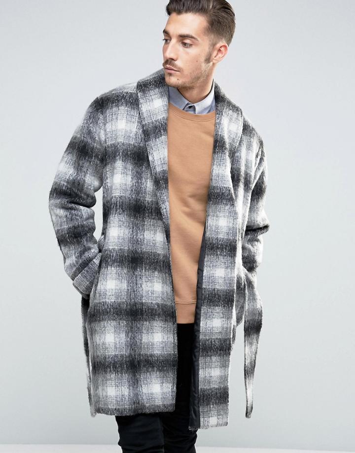 Asos Checked Overcoat With Belt In Black And White - Black