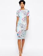 Asos Floral T-shirt Scuba Bodycon Midi Dress - Pale Blue