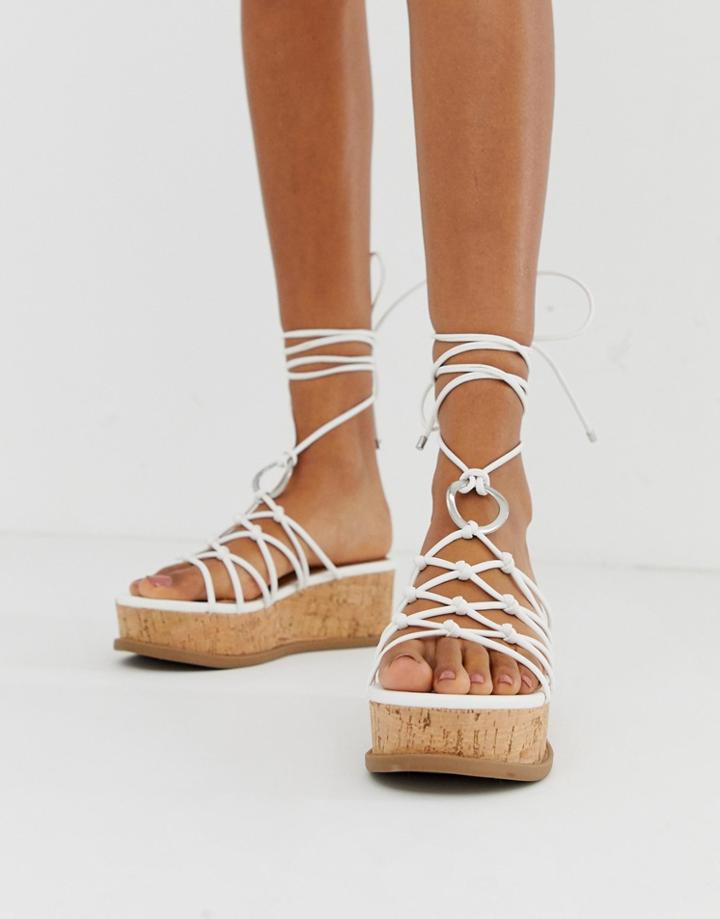 Asos Design Twine Spaghetti Tie Leg Flatforms-white