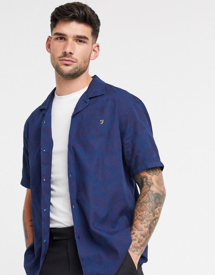 Farah Adler Oversized Short Sleeve Revere Collar Camo Print Shirt In Navy-blues