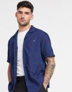 Farah Adler Oversized Short Sleeve Revere Collar Camo Print Shirt In Navy-blues