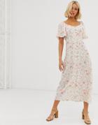 New Look Button Through Midi Prairie Dress In White Floral Print