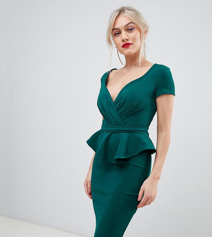City Goddess Petite V Neck Peplum Midi Dress-green