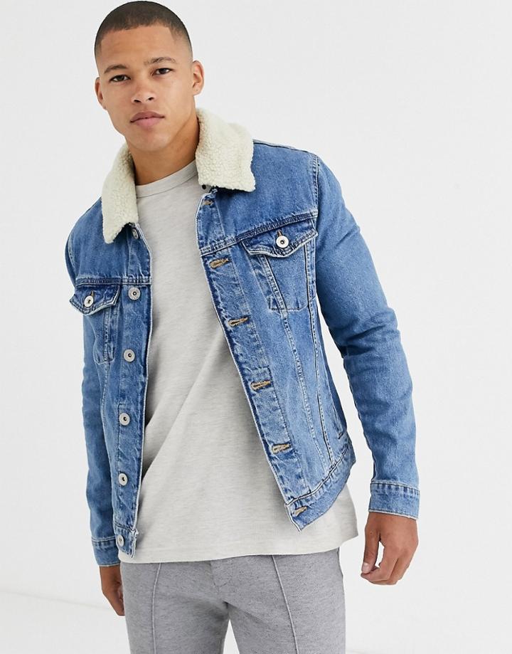 River Island Fleece Lined Denim Jacket In Blue
