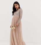 Maya Maternity Bridesmaid Long Sleeved Maxi Dress With Delicate Sequin And Tulle Skirt In Taupe Blush - Brown
