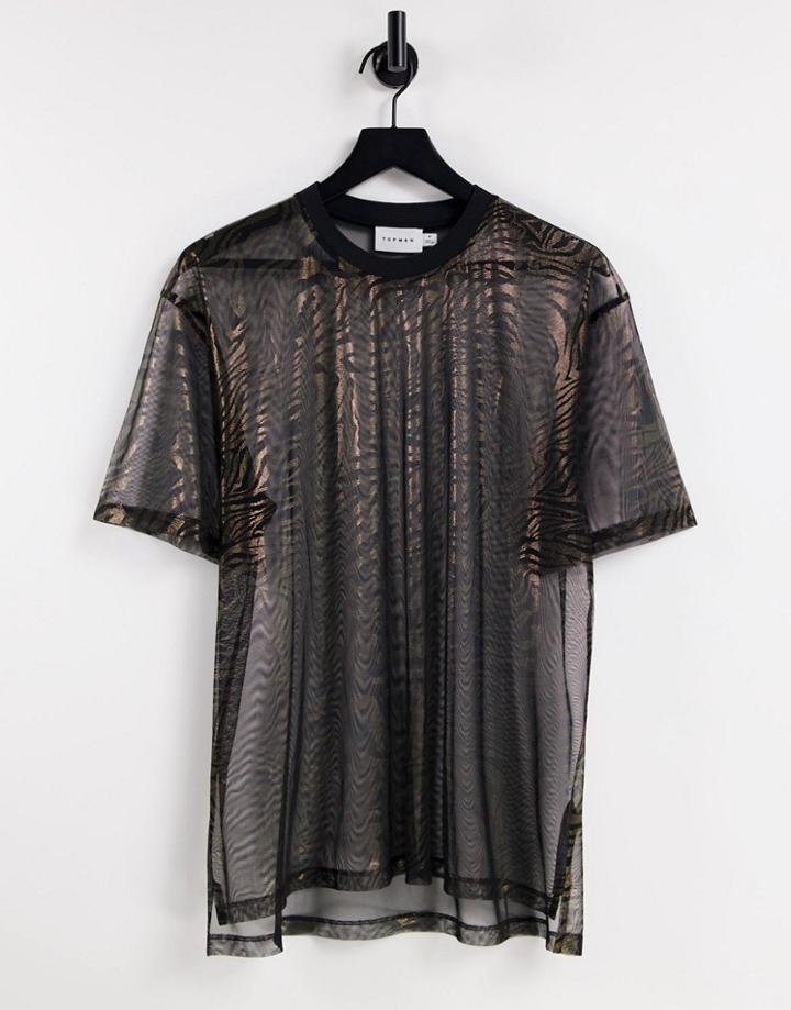 Topman Oversized Fit Mesh T-shirt With Animal Print In Black