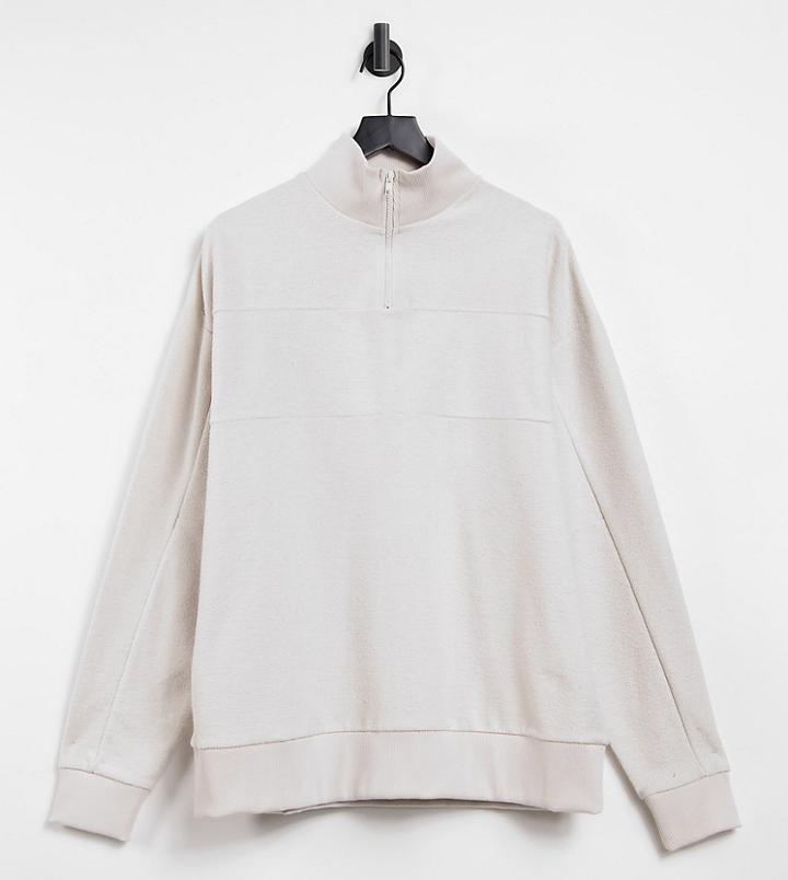 Collusion Unisex Oversized Half Zip Sweatshirt In Reverse Loop Back In Ecru-white
