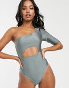 Asos Design Cut Out Long Sleeve One Shoulder Swimsuit In Shiny Khaki - Green
