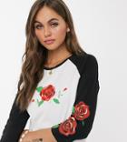 We Are Hairy People Organic Cotton Raglan T-shirt With Hand Painted Roses-white