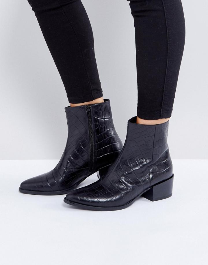 Vagabond Marja Black Leather Croc Effect Ankle Boots - Black