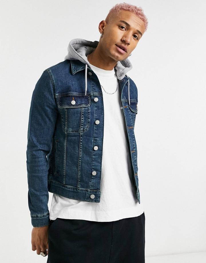 Asos Design Skinny Denim Jacket In Mid Wash Blue With Gray Hood-blues