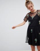 Asos Design Mesh Smock Dress With Cactus Applique - Black