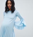 Asos Design Maternity Pleated Frill Cuff Shift Mini Dress-blue