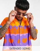 Asos Design Boxy Oversized Camp Collar Shirt In Vintage Inspired Shell Print-orange