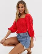 New Look Shirred Square Neck Top In Red Polka Dot