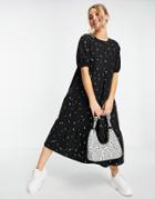 Asos Design Midi Tiered Smock Dress With All Over Star Embroidery In Black
