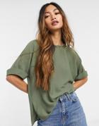 Asos Design Oversized Woven Tee With Roll Sleeve In Khaki-green