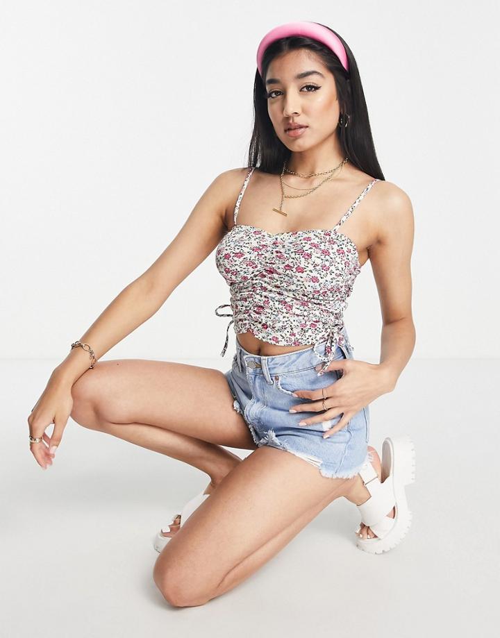 Asos Design Cami Top With Tie Side Ruched Front In Ditsy Floral-multi