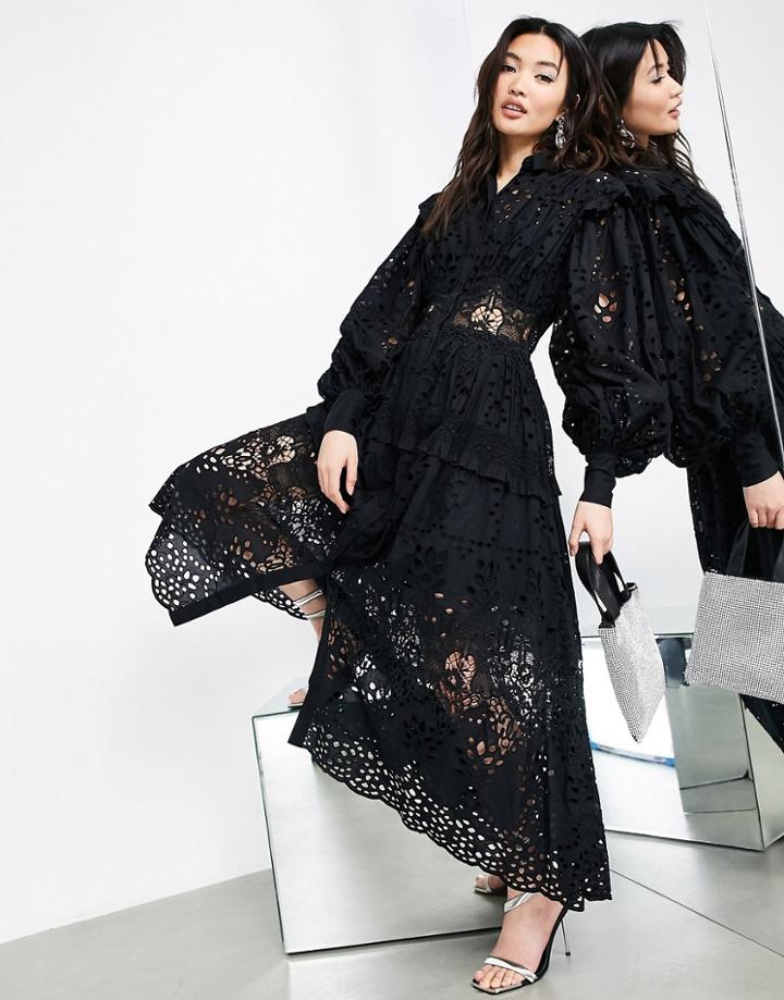 Asos Edition Broderie Shirt Dress In Black