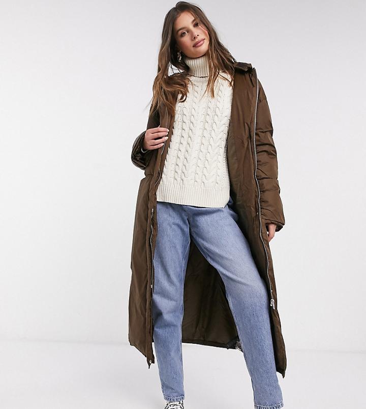 Asos Design Tall Ruched Sleeve Maxi Puffer Coat In Brown