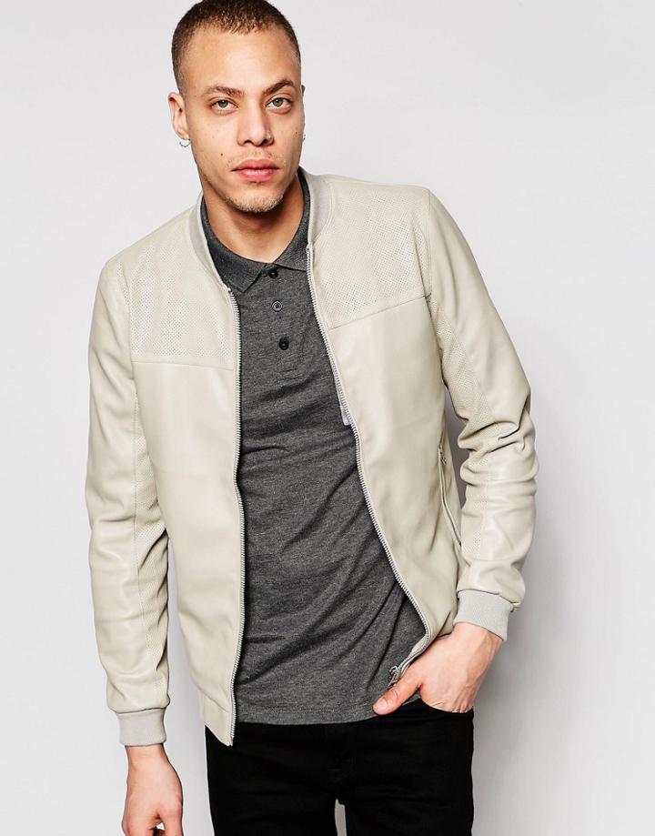 Pull & Bear Faux Leather Bomber Jacket In Beige - Beige