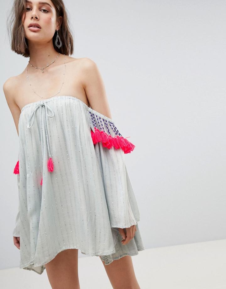 Sundress Bardot Tassle Dress - Blue