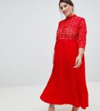 Little Mistress Plus 3/4 Sleeve Lace Top Pleated Midi Dress - Red