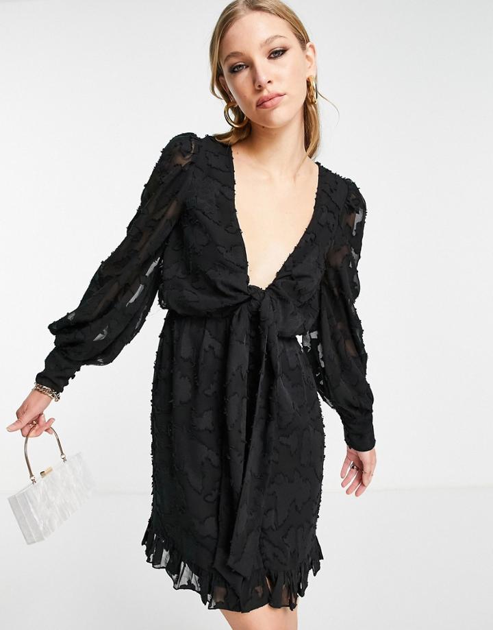 Asos Design Plunge Neck Mini Dress In Burnout In Black