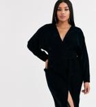 Asos Design Curve Midi Dress With Batwing Sleeve And Wrap Waist In Velvet-navy