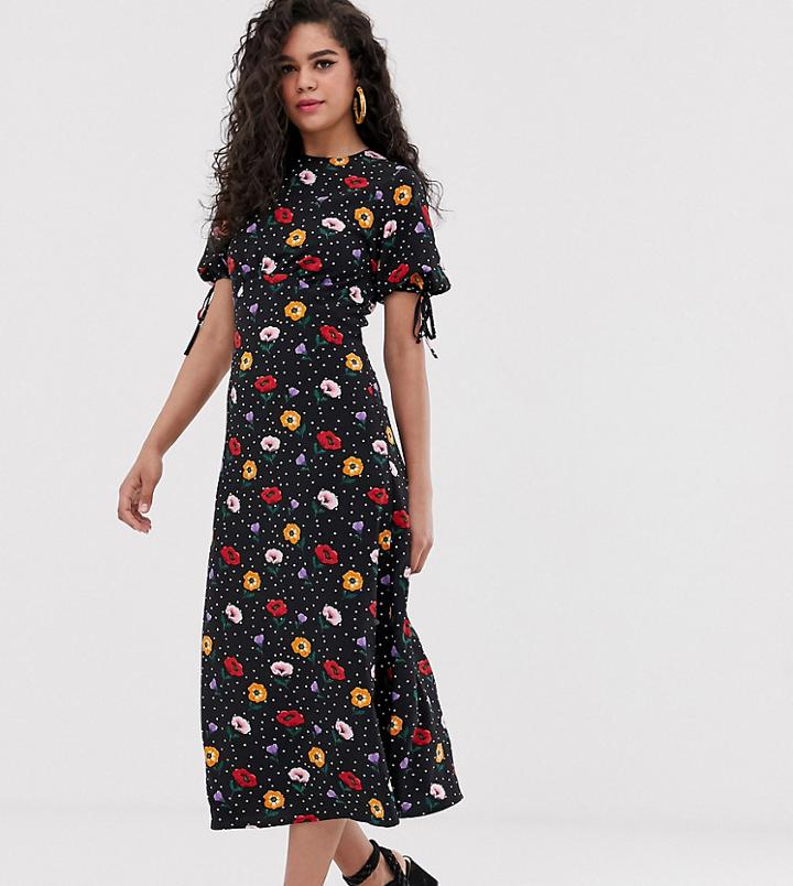 Fashion Union Tall Midi Tea Dress In Floral - Black