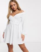 Missguided Belted Bardot Puff Sleeve Dress In White