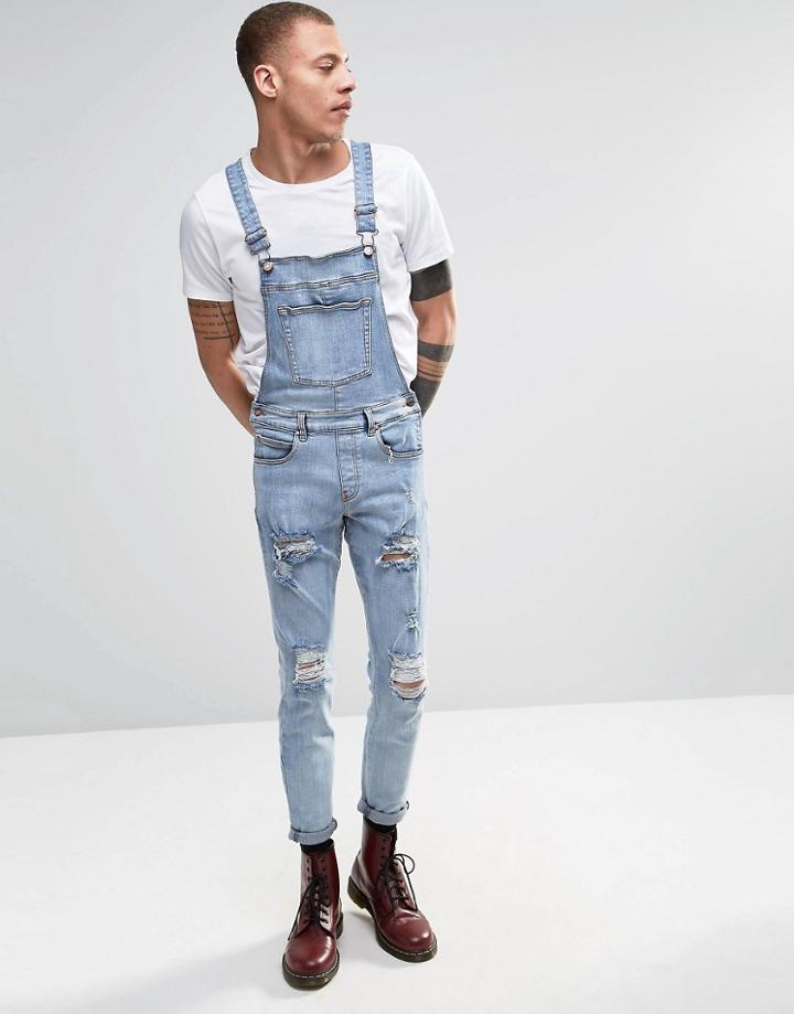 Dr Denim Ira Skinny Ripped Overall Jeans In Blue Stone Light Wash - Blue Stone