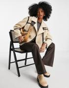 Topshop Borg Biker Jacket With Faux Leather Contrast Details In Cream-white