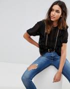 Asos Ruffle Blouse With Eyelet Detail And Lace Insert - Black