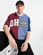 Asos Design Oversized T-shirt In Burgundy And Blue Color Block With City Prints-red