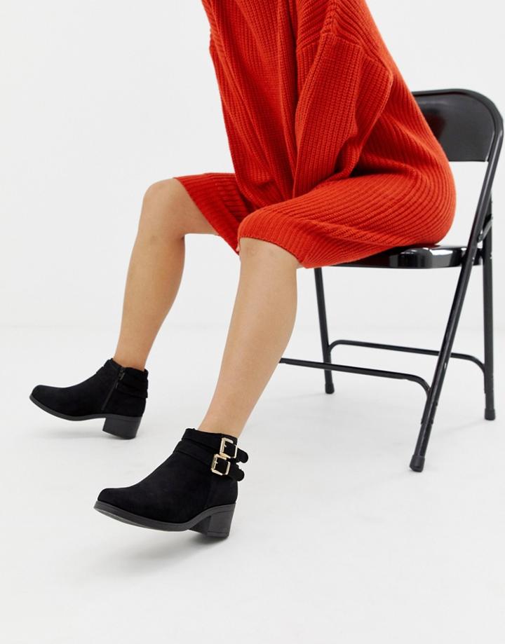 Boohoo Double Buckle Heeled Ankle Boot In Black - Black