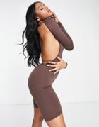 Simmi Chain Detail Open Back Body-conscious Romper In Chocolate-brown